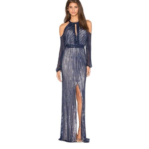 Parker Embellished Sequin Cold Shoulder Gown in Blue - Picture 2 of 6